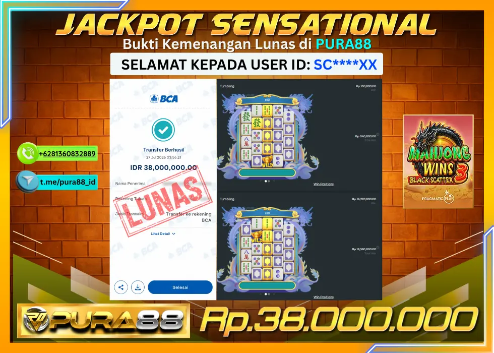 PURA88 JACKPOT MAHJONG WINS 3 BLACK SCATTER Rp 38.000.000,- LUNAS
